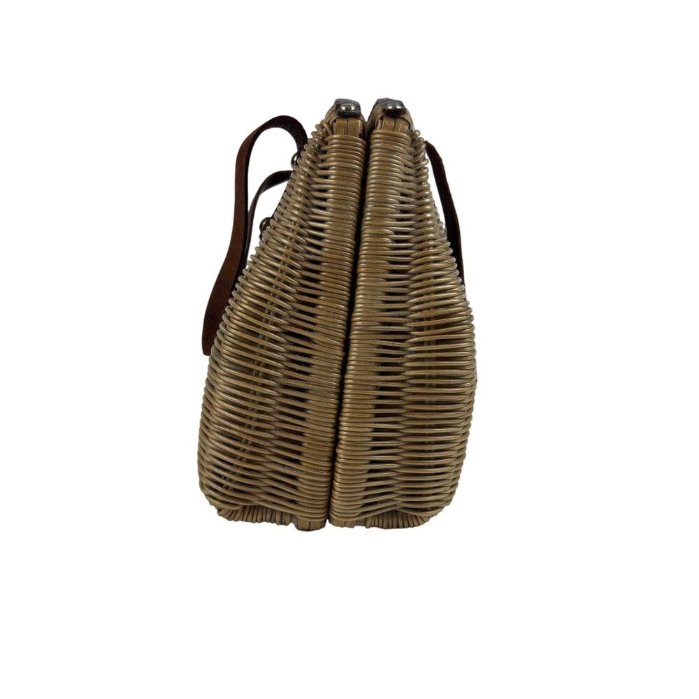 Vintage 50s Wicker Bag Beige Brown Leather Trim Top Handle Handbag AS IS - Picture 6 of 10